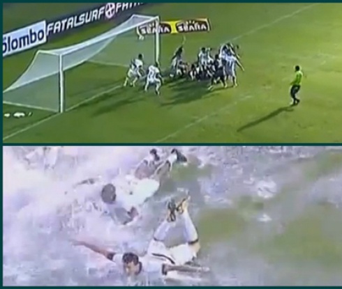 3 в 1 по време на мач в Бразилия: Футбол, ръгби и плуване (видео)